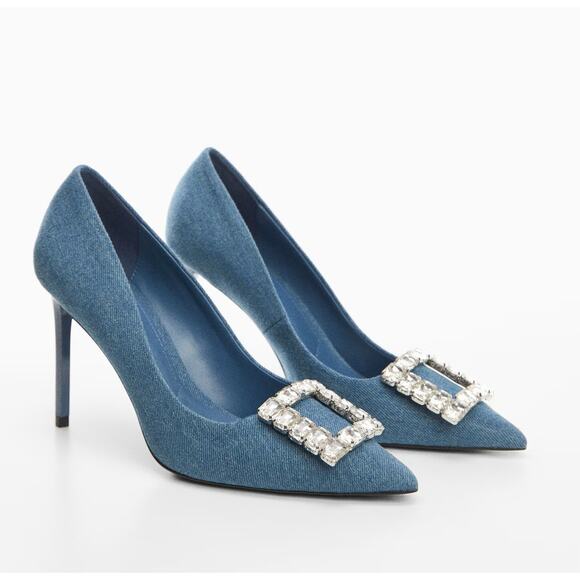 MANGO Denim Crystal Buckle Heels NWT – Embellished Pointed Toe Pumps, Size 8.5 - Picture 4 of 12